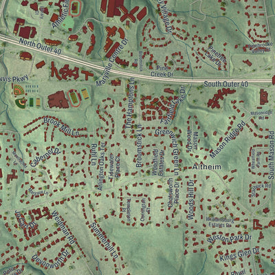 Close-up of the map of Town and Country, Missouri print showing street and building detail
