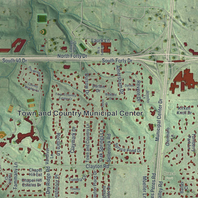 Second close-up of the map of Town and Country, Missouri print showing more streets and buildings