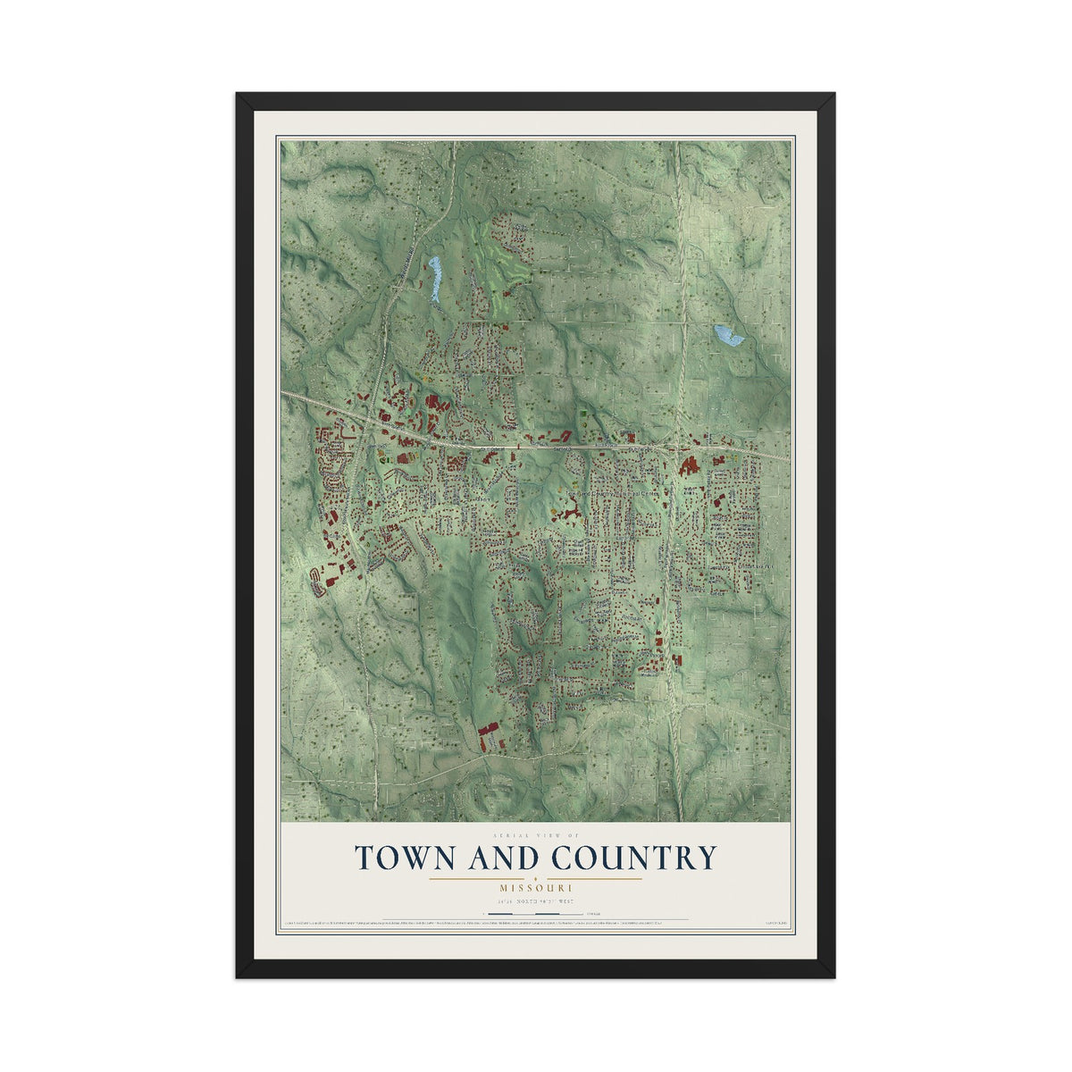 Map of Town and Country, Missouri, 12 x 18 inch print in a black wood frame