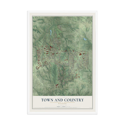 Map of Town and Country, Missouri, 12 x 18 inch print in a white wood frame
