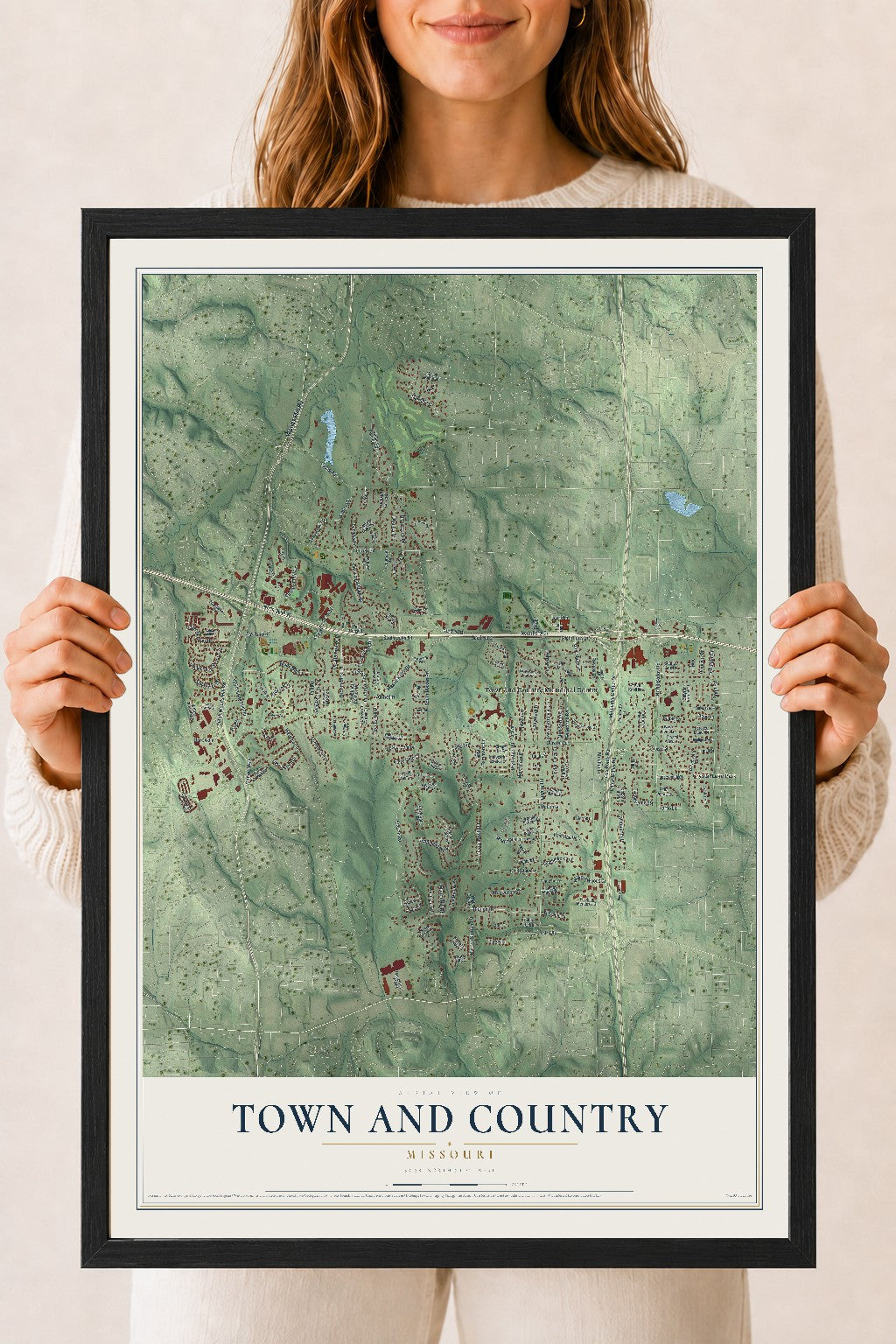 Map of Town and Country, Missouri, 18 x 24 inch print in a black wood frame