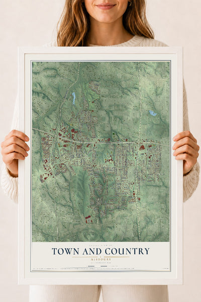Map of Town and Country, Missouri, 18 x 24 inch print in a white wood frame