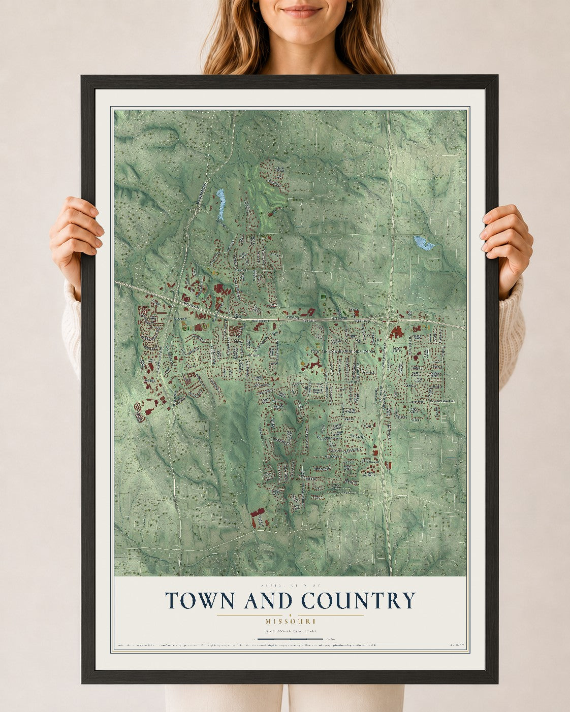 Map of Town and Country, Missouri, 24 x 36 inch print in a black wood frame