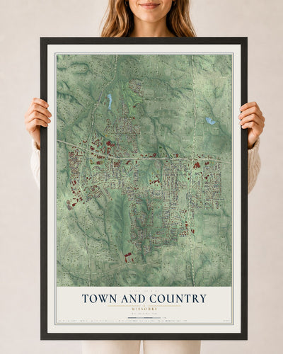 Map of Town and Country, Missouri, 24 x 36 inch print in a black wood frame