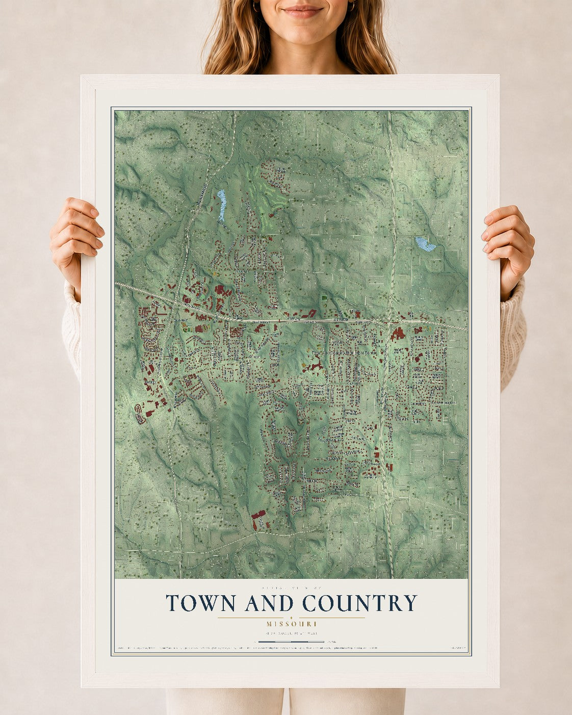 Map of Town and Country, Missouri, 24 x 36 inch print in a white wood frame