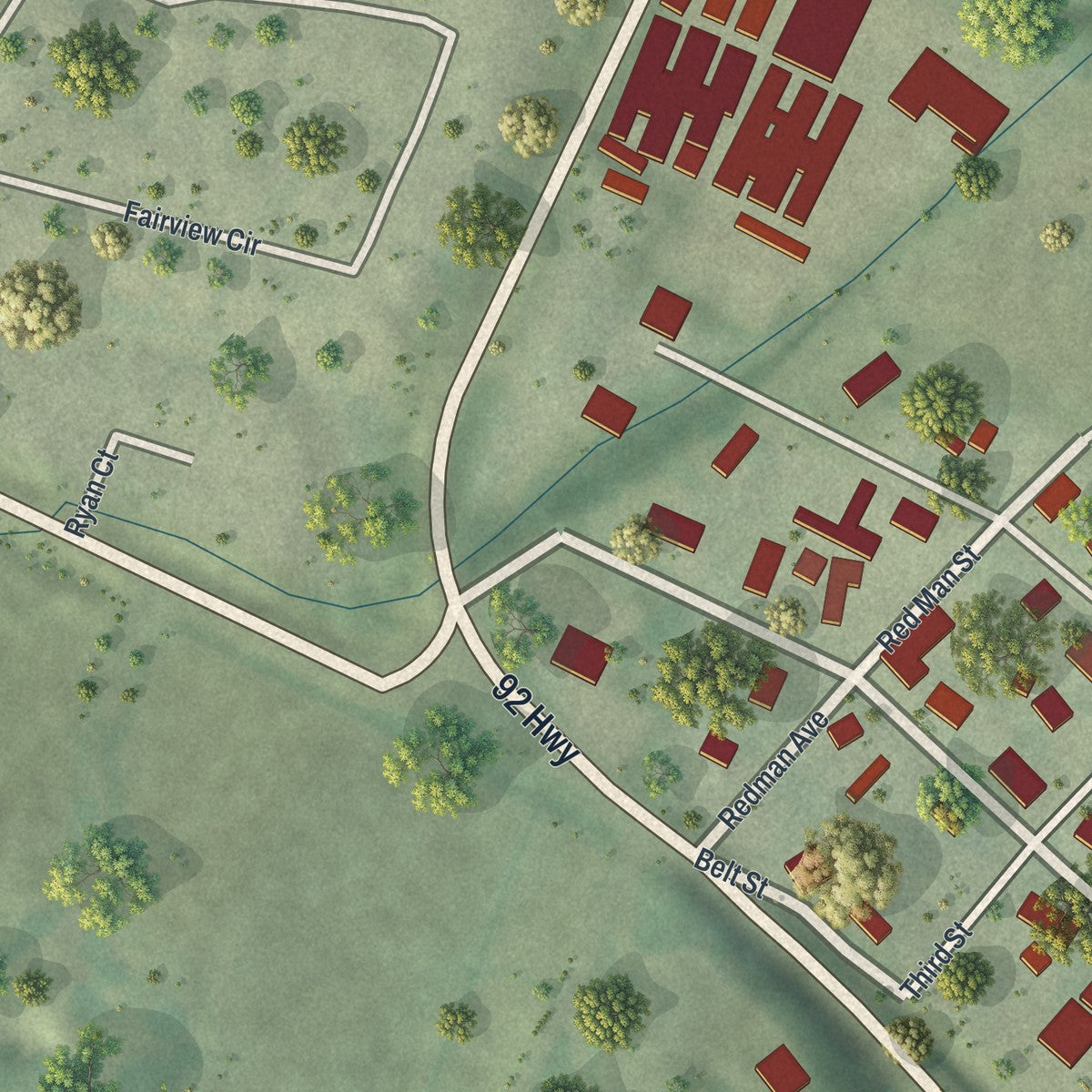 Close-up of the map of Tracy, Missouri print showing street and building detail