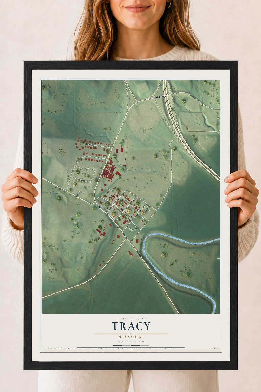 Map of Tracy, Missouri, 18 x 24 inch print in a black wood frame