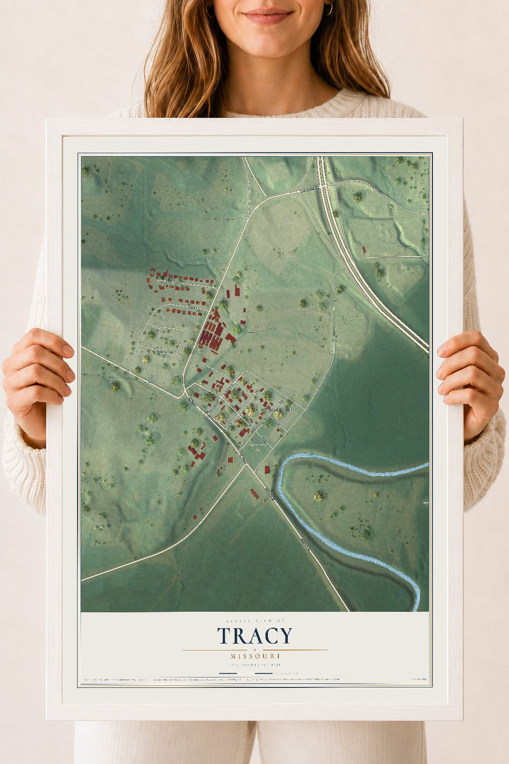 Map of Tracy, Missouri, 18 x 24 inch print in a white wood frame