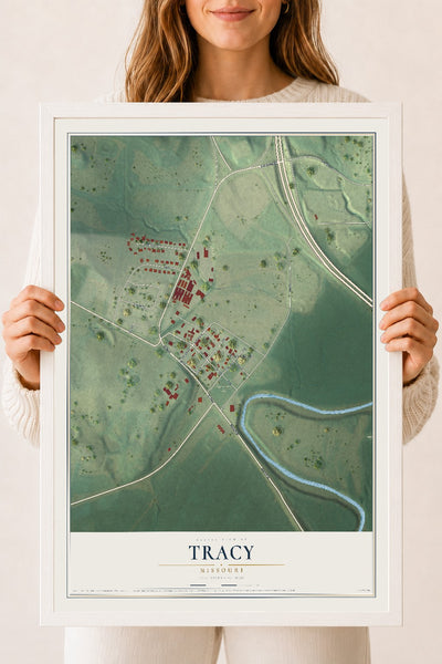 Map of Tracy, Missouri, 18 x 24 inch print in a white wood frame