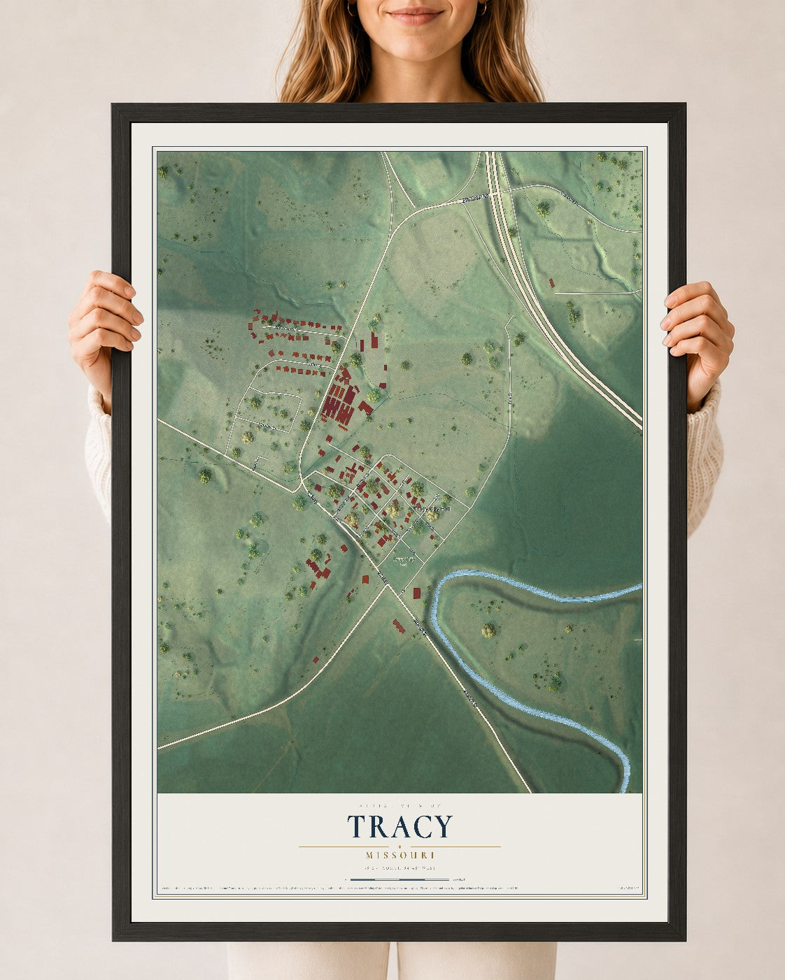 Map of Tracy, Missouri, 24 x 36 inch print in a black wood frame