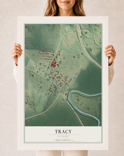Map of Tracy, Missouri, 24 x 36 inch print in a white wood frame