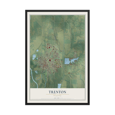 Map of Trenton, Missouri, 12 x 18 inch print in a black wood frame