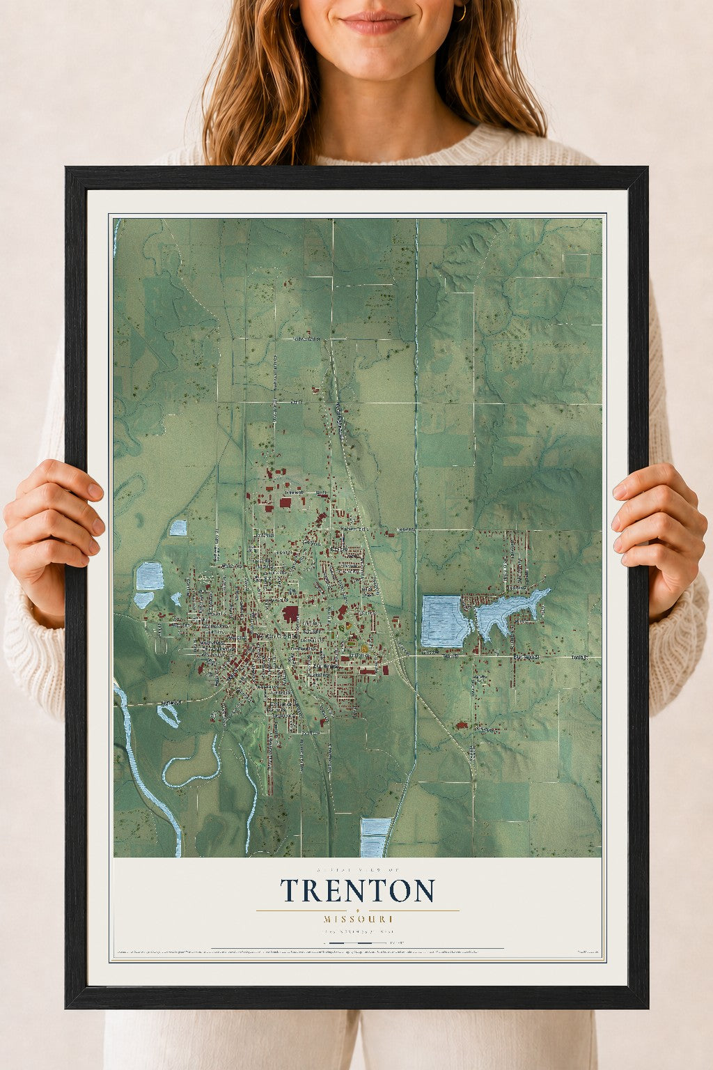 Map of Trenton, Missouri, 18 x 24 inch print in a black wood frame