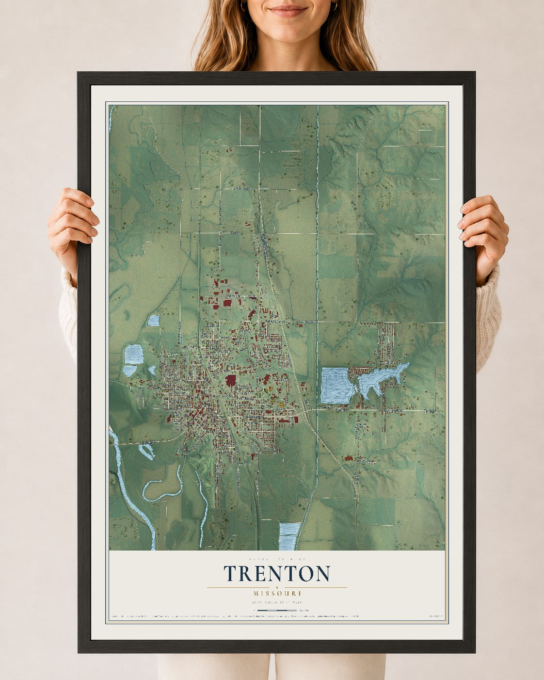 Map of Trenton, Missouri, 24 x 36 inch print in a black wood frame