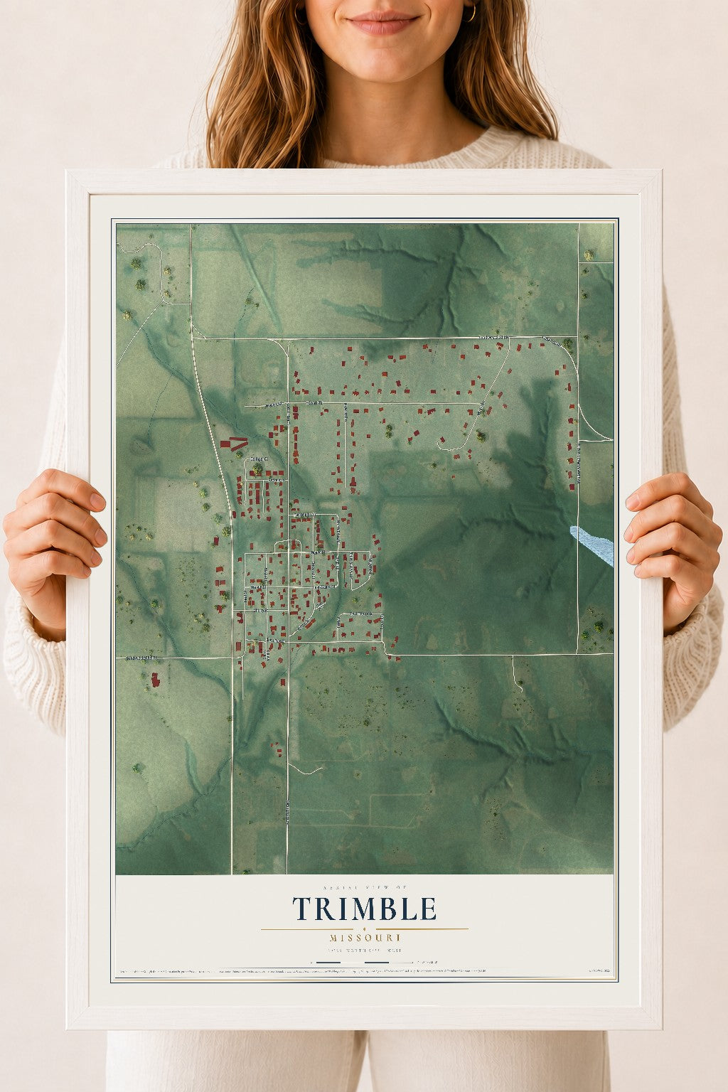 Map of Trimble, Missouri, 18 x 24 inch print in a white wood frame