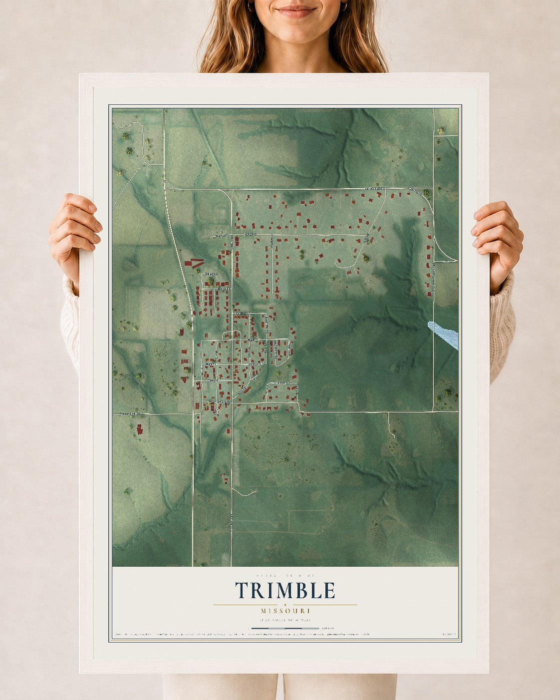 Map of Trimble, Missouri, 24 x 36 inch print in a white wood frame