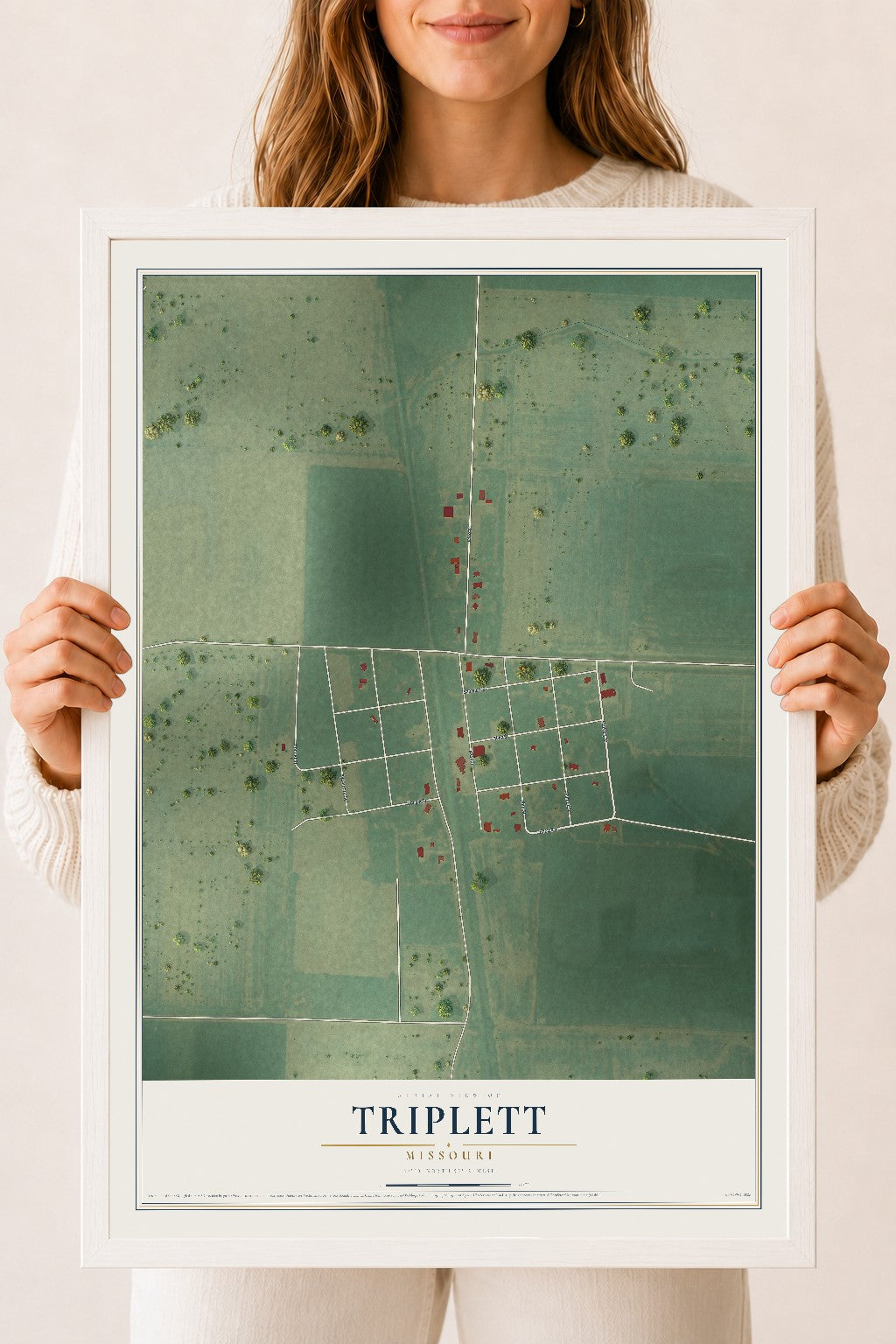 Map of Triplett, Missouri, 18 x 24 inch print in a white wood frame
