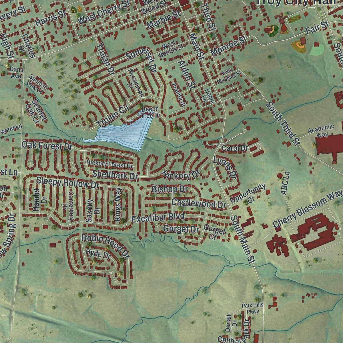 Close-up of the map of Troy, Missouri print showing street and building detail