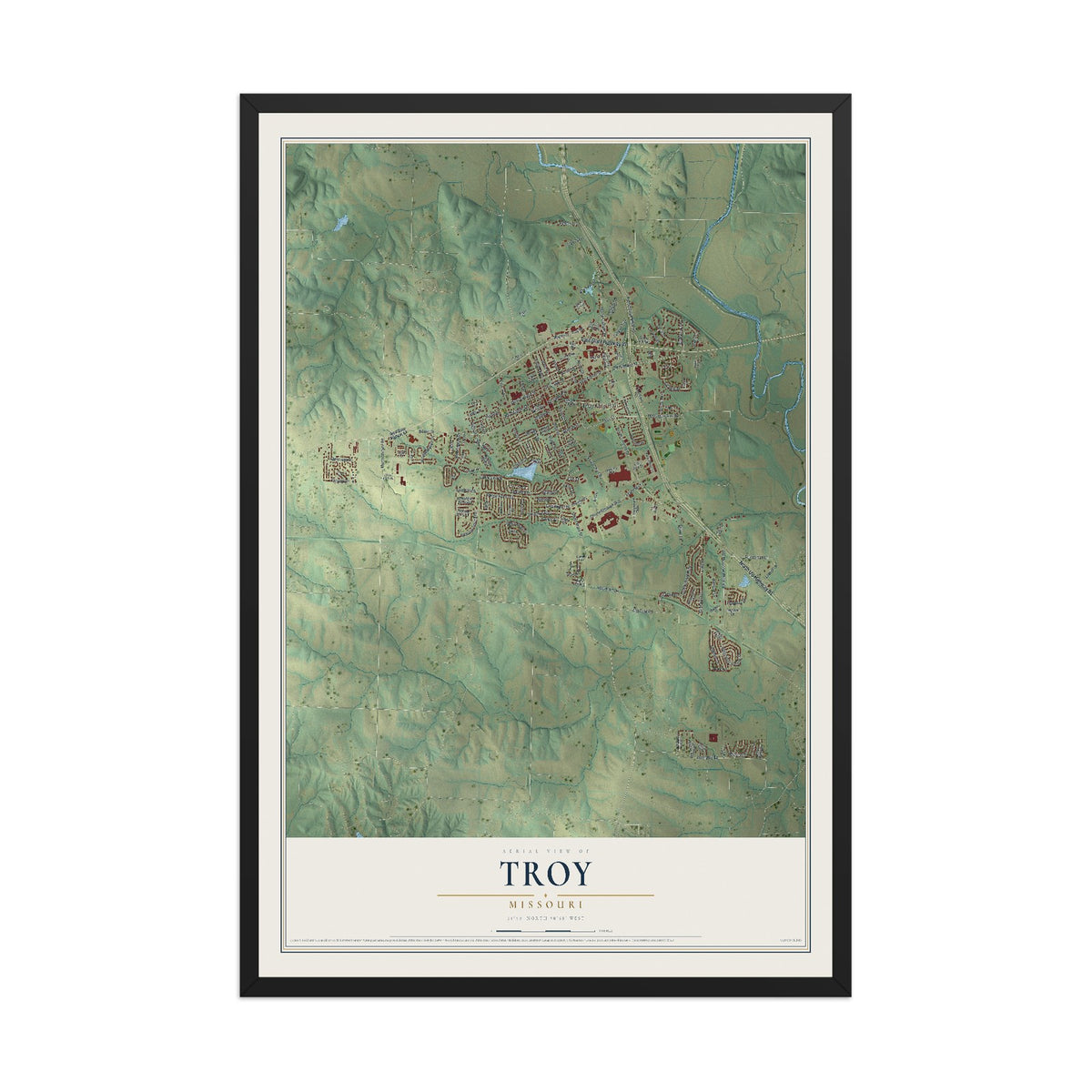 Map of Troy, Missouri, 12 x 18 inch print in a black wood frame