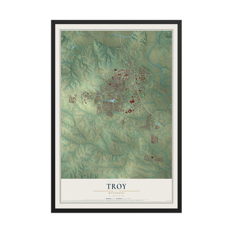 Map of Troy, Missouri, 12 x 18 inch print in a black wood frame