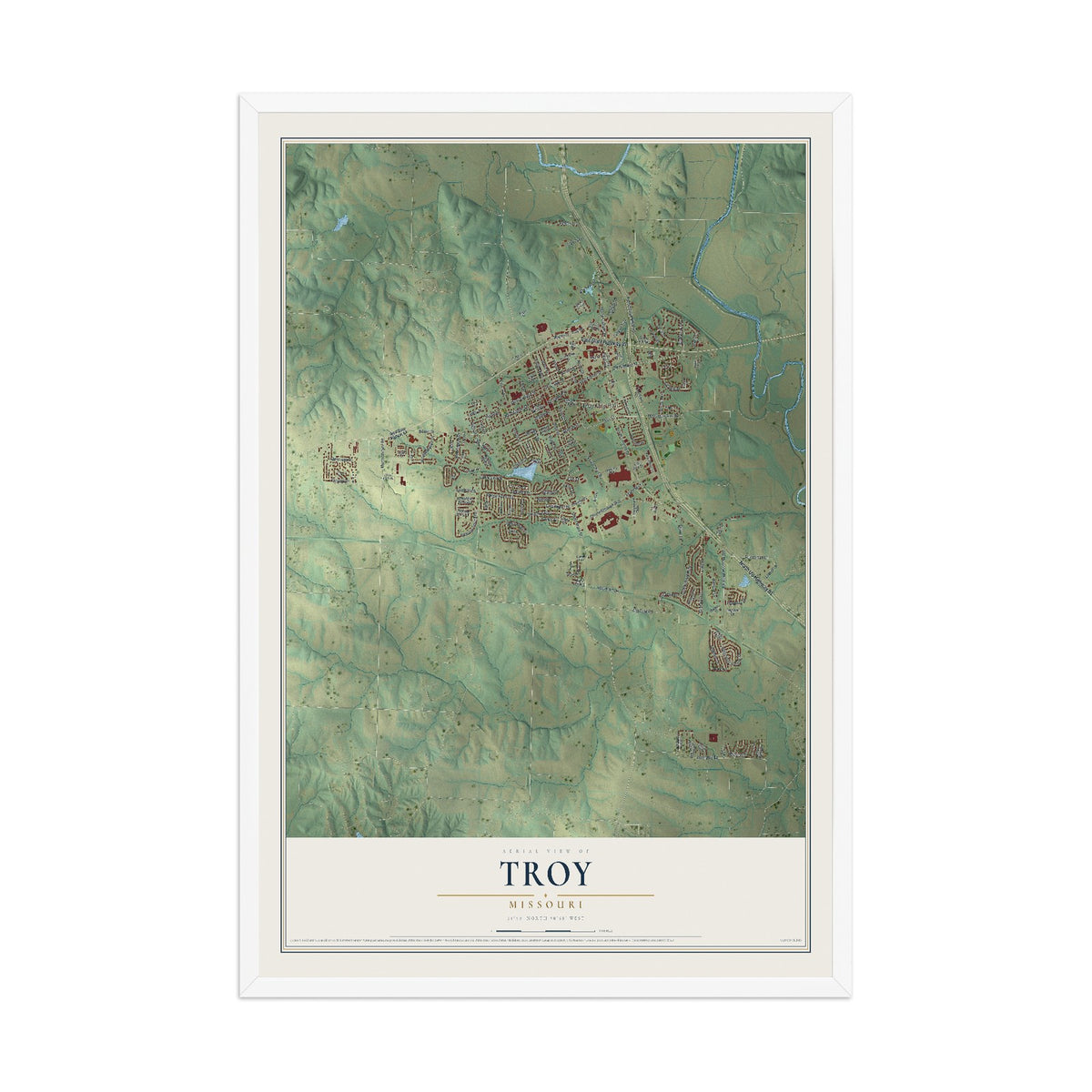 Map of Troy, Missouri, 12 x 18 inch print in a white wood frame
