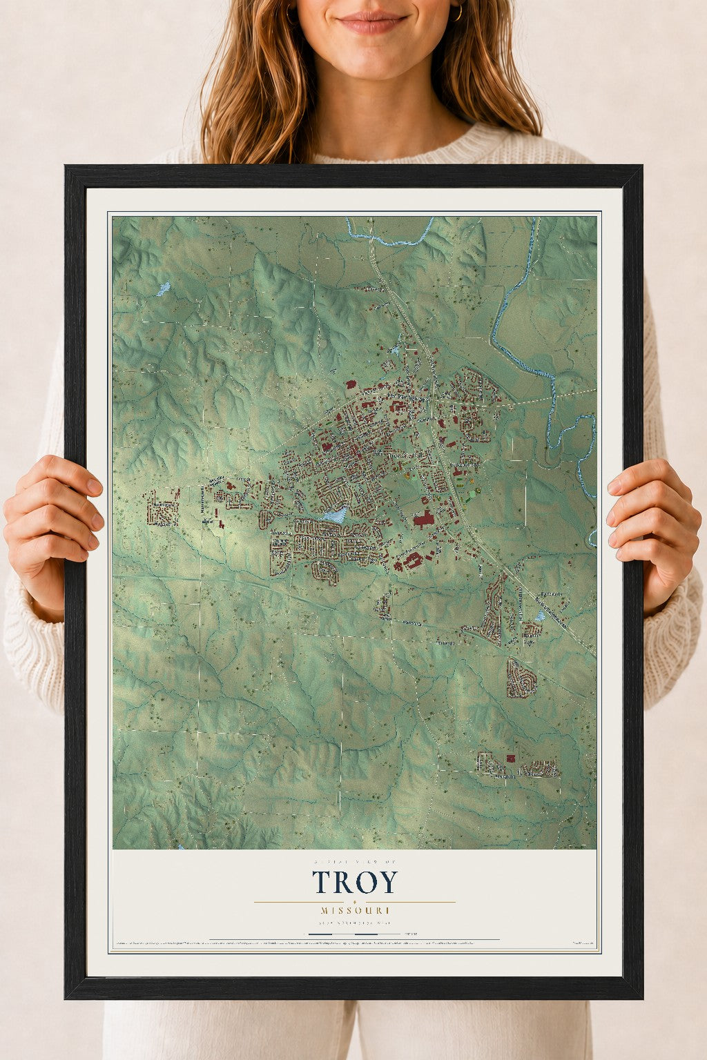 Map of Troy, Missouri, 18 x 24 inch print in a black wood frame