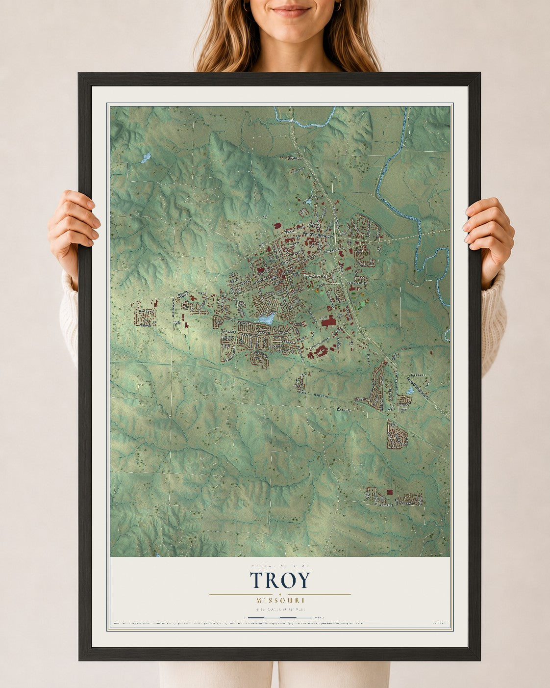 Map of Troy, Missouri, 24 x 36 inch print in a black wood frame