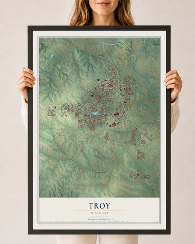 Map of Troy, Missouri, 24 x 36 inch print in a black wood frame