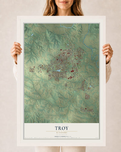 Map of Troy, Missouri, 24 x 36 inch print in a white wood frame