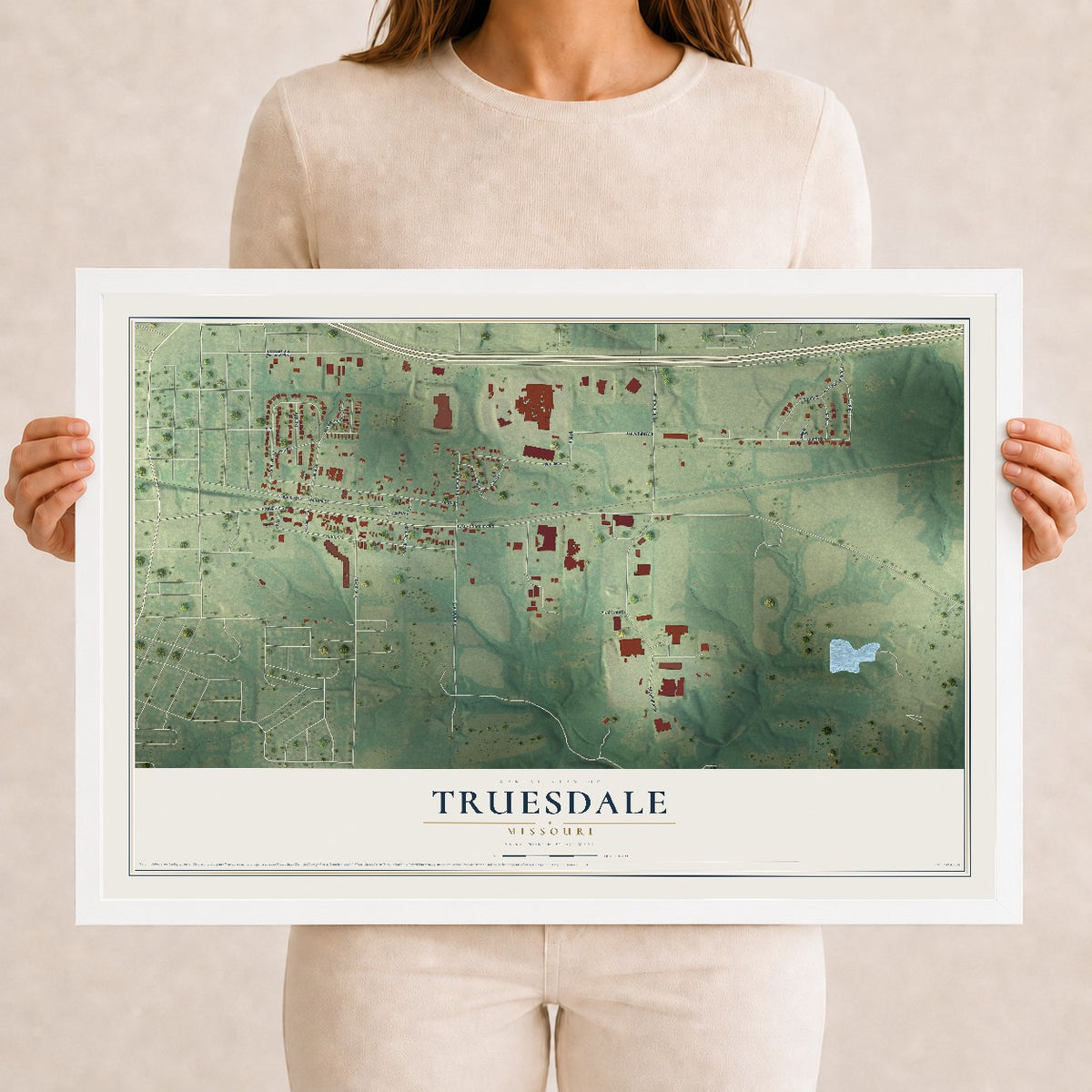 Map of Truesdale, Missouri, 12 x 18 inch print in a white wood frame