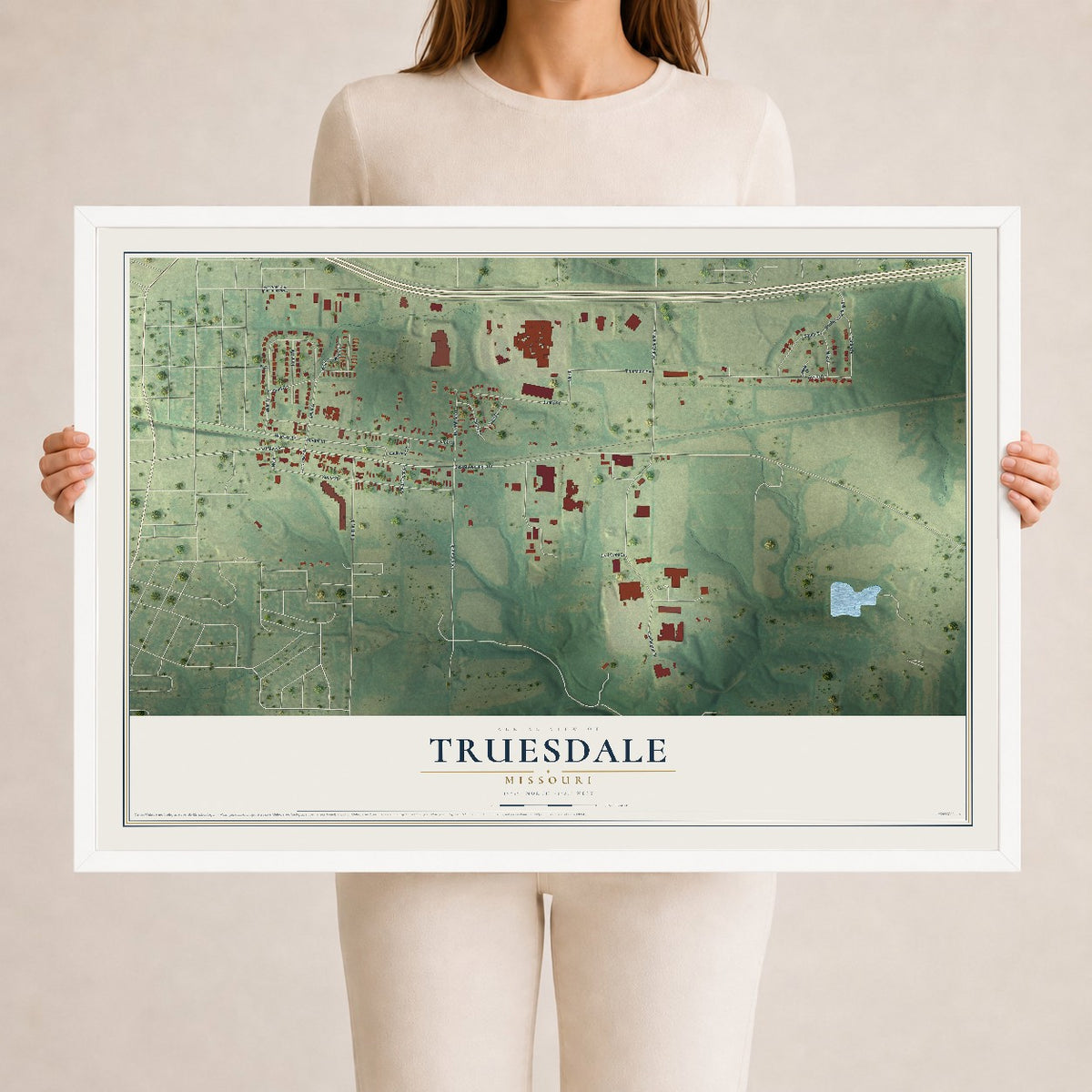 Map of Truesdale, Missouri, 24 x 36 inch print in a white wood frame