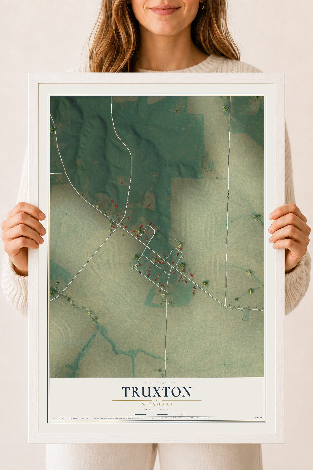 Map of Truxton, Missouri, 18 x 24 inch print in a white wood frame