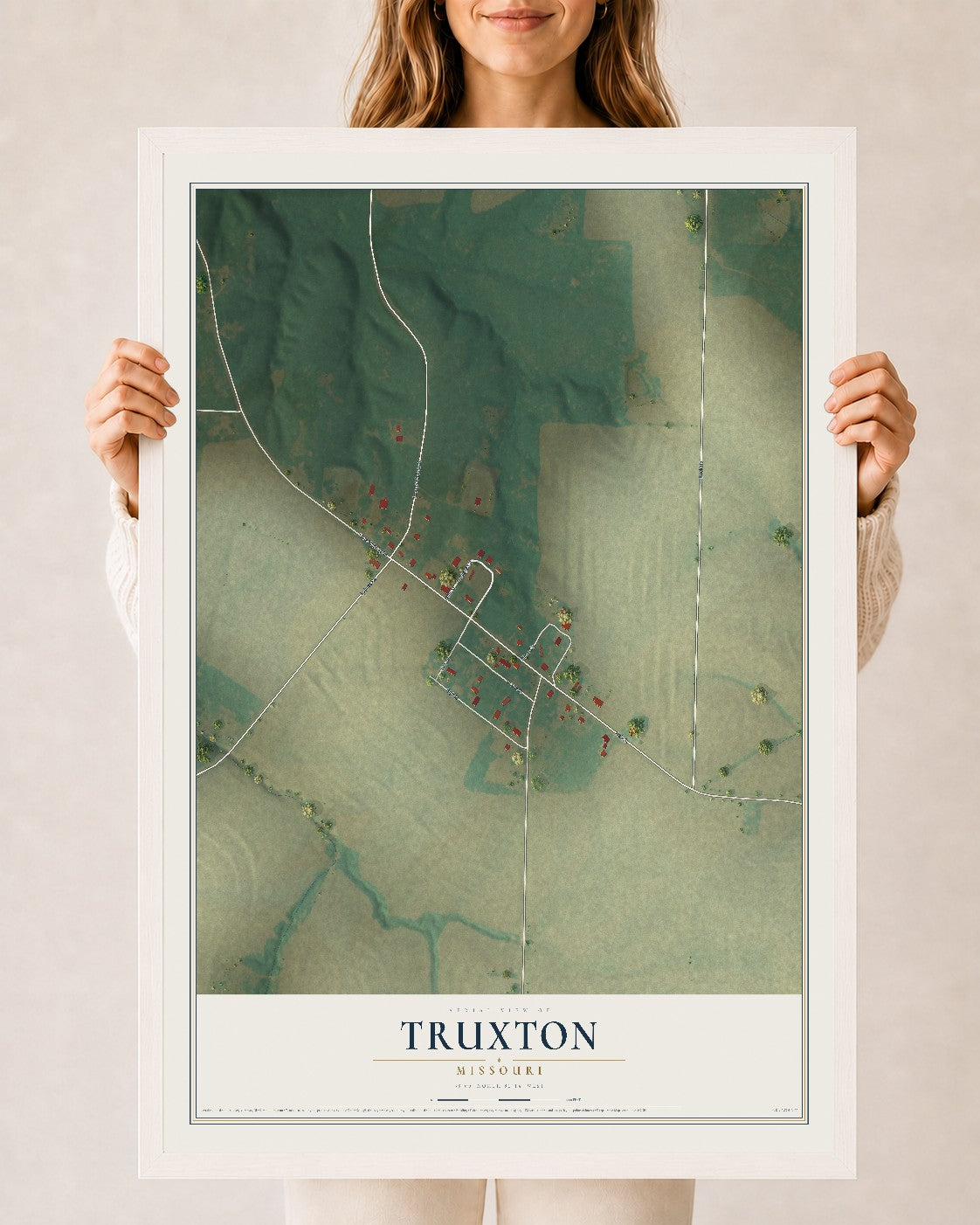 Map of Truxton, Missouri, 24 x 36 inch print in a white wood frame