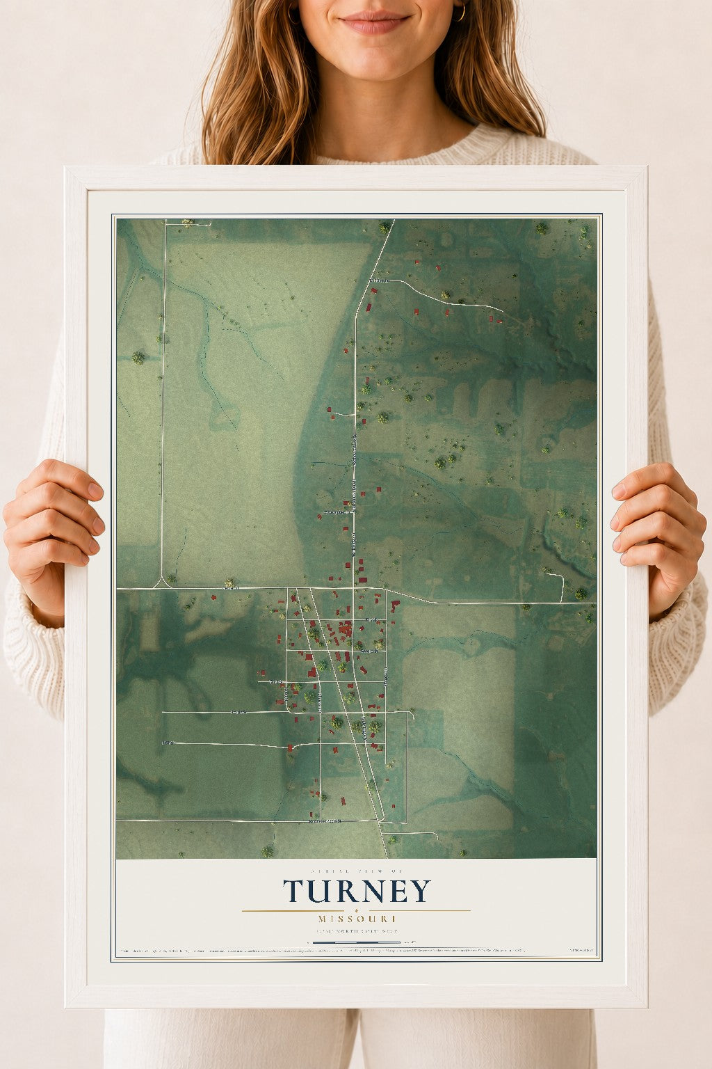 Map of Turney, Missouri, 18 x 24 inch print in a white wood frame