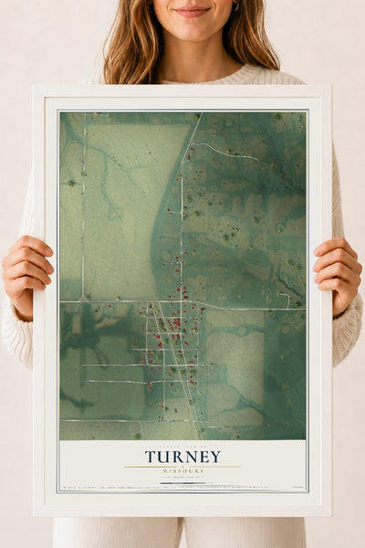 Map of Turney, Missouri, 18 x 24 inch print in a white wood frame