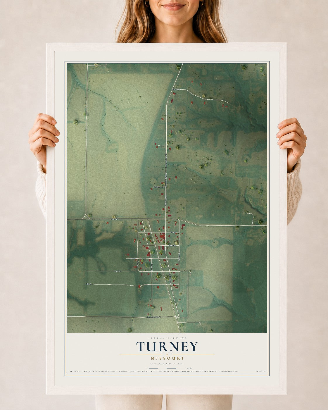 Map of Turney, Missouri, 24 x 36 inch print in a white wood frame
