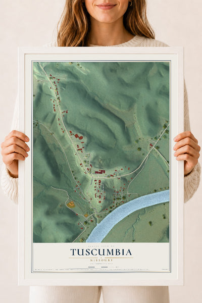 Map of Tuscumbia, Missouri, 18 x 24 inch print in a white wood frame