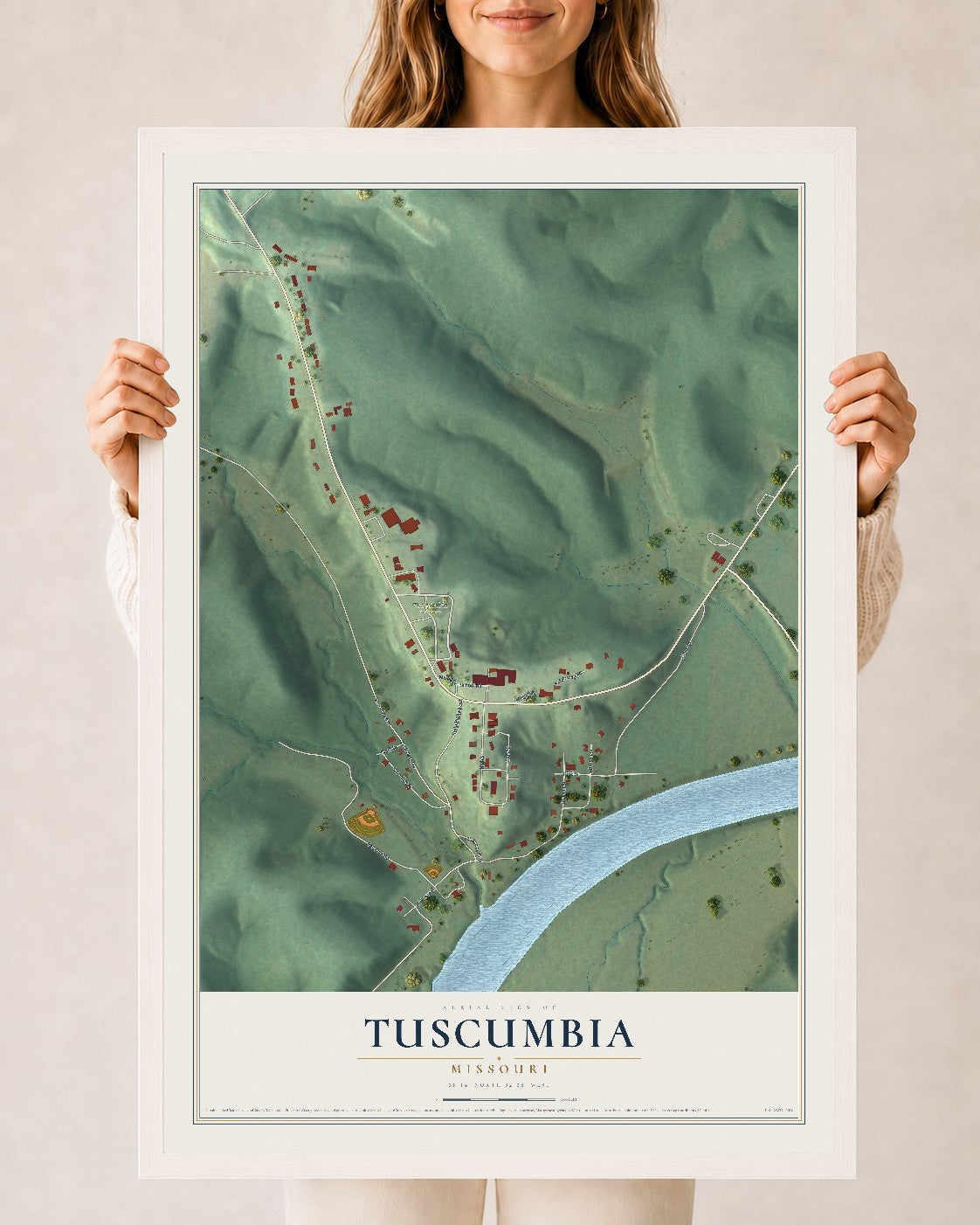 Map of Tuscumbia, Missouri, 24 x 36 inch print in a white wood frame
