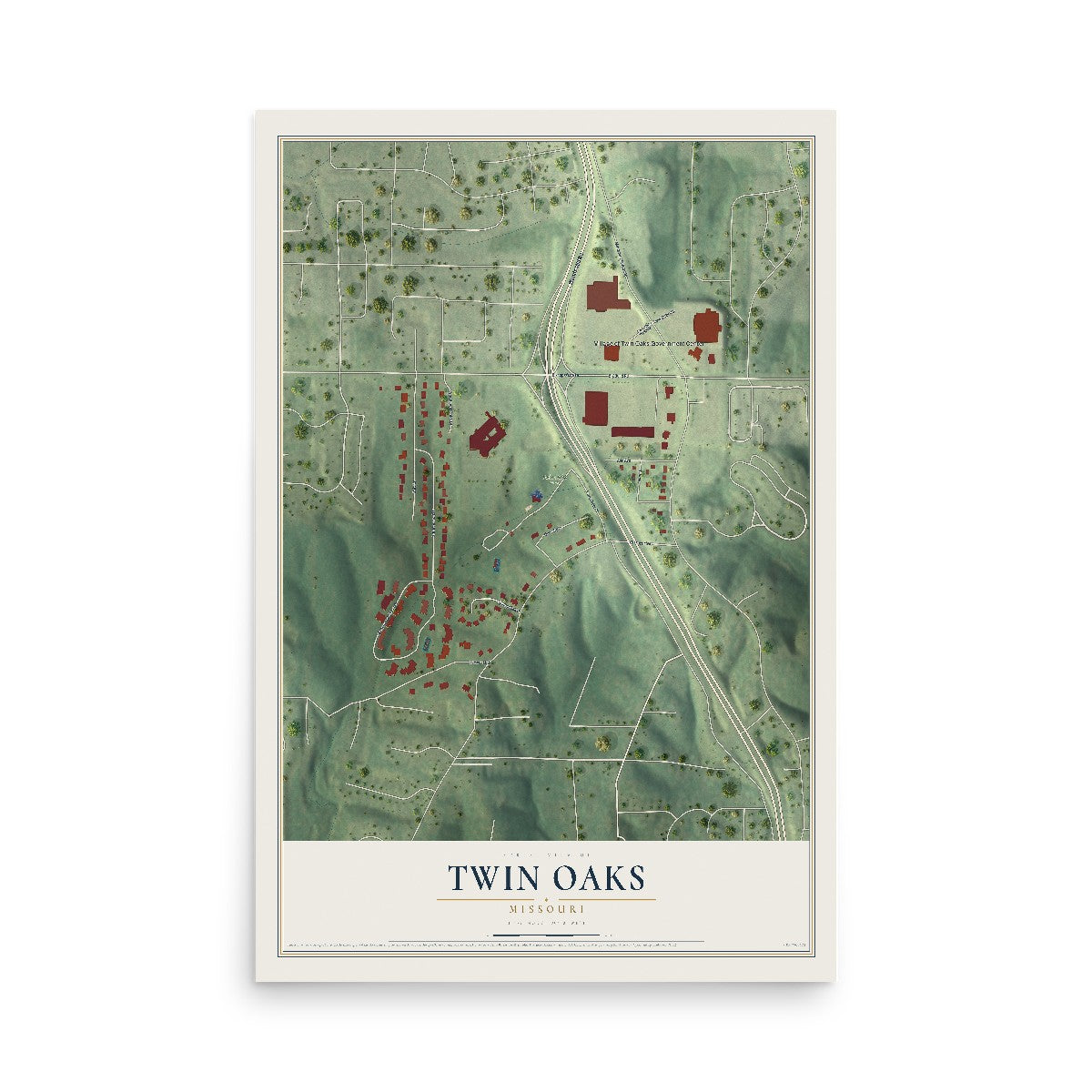 Map of Twin Oaks, Missouri, 12 x 18 inch unframed archival matte print