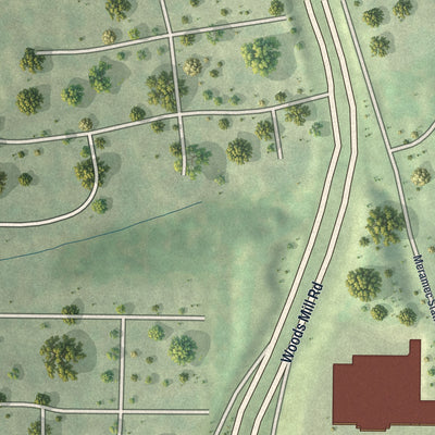 Close-up of the map of Twin Oaks, Missouri print showing street and building detail