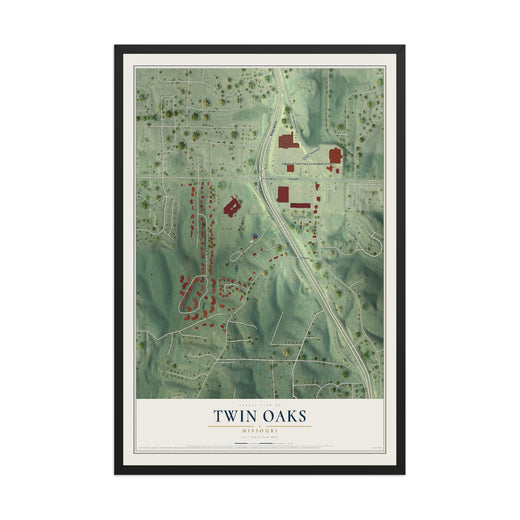 Map of Twin Oaks, Missouri, 12 x 18 inch print in a black wood frame