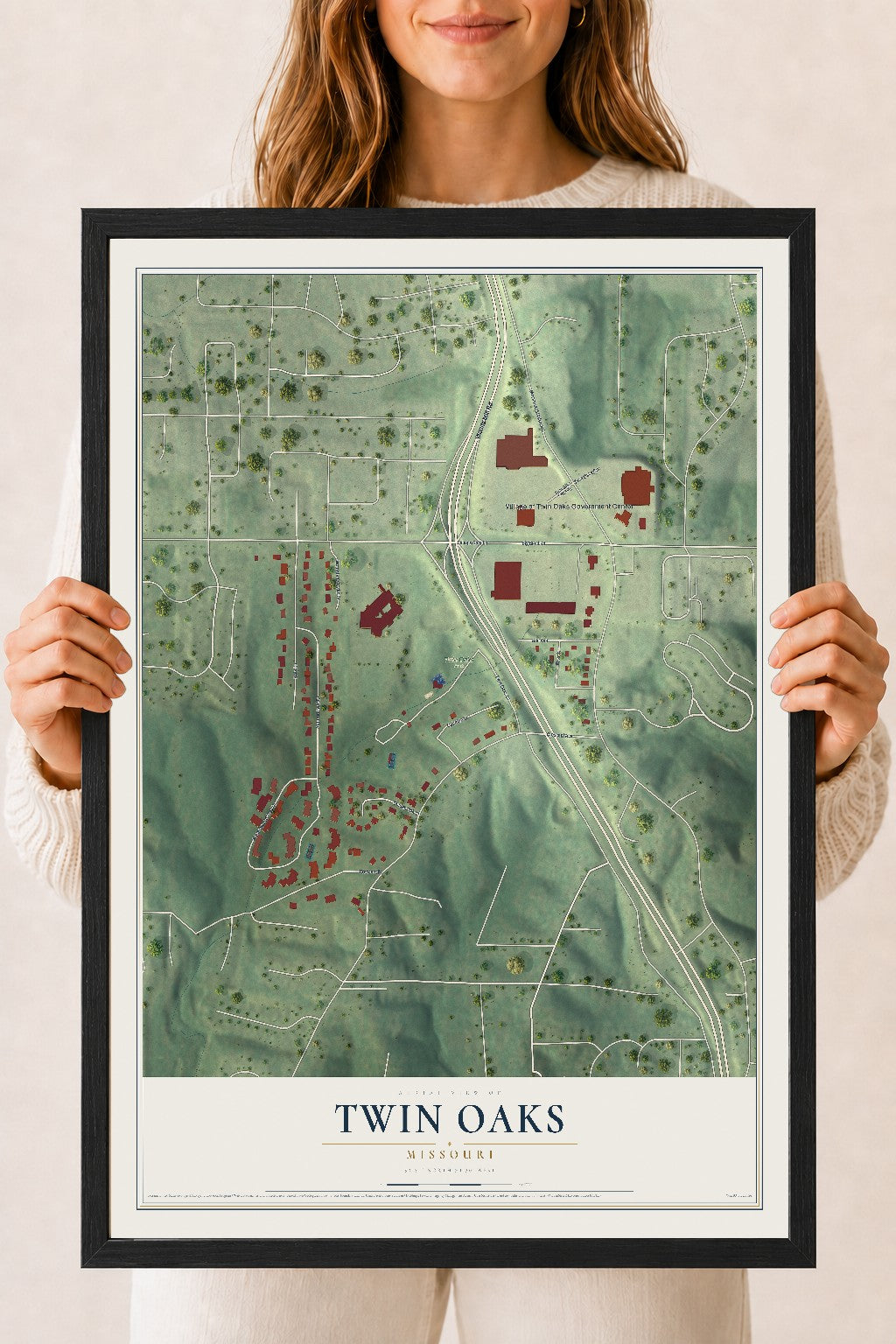 Map of Twin Oaks, Missouri, 18 x 24 inch print in a black wood frame