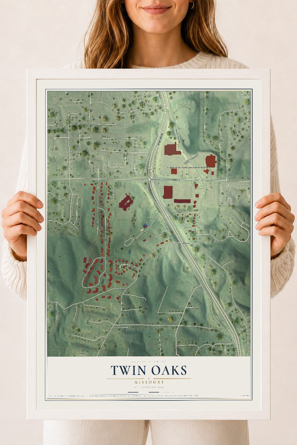 Map of Twin Oaks, Missouri, 18 x 24 inch print in a white wood frame