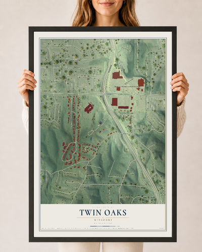 Map of Twin Oaks, Missouri, 24 x 36 inch print in a black wood frame