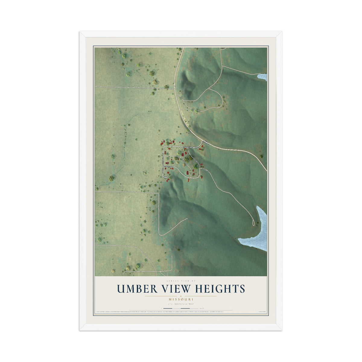 Map of Umber View Heights, Missouri, 12 x 18 inch print in a white wood frame