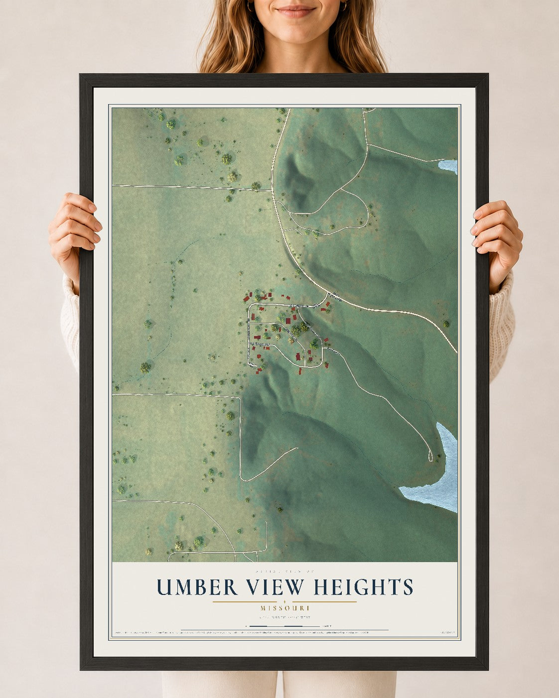 Map of Umber View Heights, Missouri, 24 x 36 inch print in a black wood frame