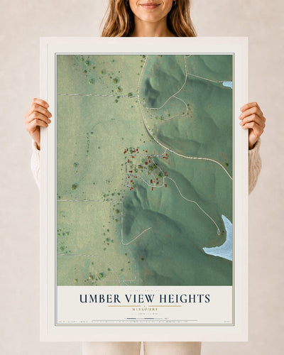 Map of Umber View Heights, Missouri, 24 x 36 inch print in a white wood frame