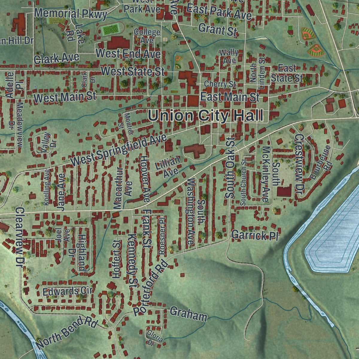 Close-up of the map of Union, Missouri print showing street and building detail