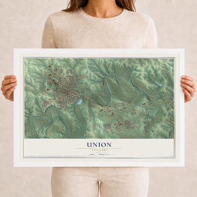 Map of Union, Missouri, 12 x 18 inch print in a white wood frame