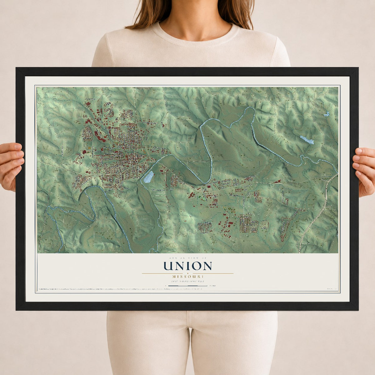Map of Union, Missouri, 18 x 24 inch print in a black wood frame